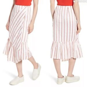 Lewit Faux Wrap Red Poppy Kiev Stripe Linen Blend Asymmetrical Skirt Retail $299